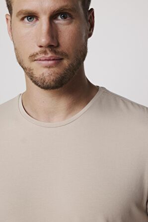 Slim Fit Bisiklet Yaka Düz Basıc Kısa Kol Taş Rengi T-Shirt