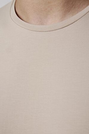 Slim Fit Bisiklet Yaka Düz Basıc Kısa Kol Taş Rengi T-Shirt