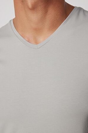 Slim Fit V Yaka Düz Basıc Kısa Kol Gri T-Shirt