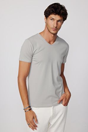 Slim Fit V Yaka Düz Basıc Kısa Kol Gri T-Shirt