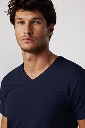 Slim Fit V Yaka Düz Basıc Kısa Kol Lacivert T-Shirt
