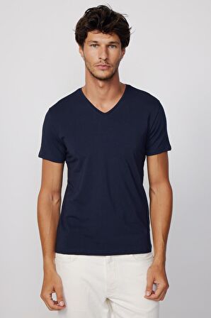 Slim Fit V Yaka Düz Basıc Kısa Kol Lacivert T-Shirt