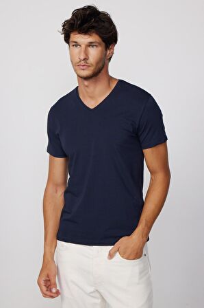 Slim Fit V Yaka Düz Basıc Kısa Kol Lacivert T-Shirt