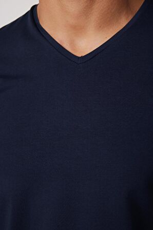 Slim Fit V Yaka Düz Basıc Kısa Kol Lacivert T-Shirt