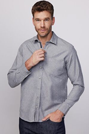 Klasik Fit Armürlü Spor Yaka Düz Oduncu Gri Erkek Gömlek