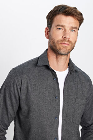 Erkek Regular Fit Klasik Kesim Pamuklu Tek Cepli Armürlü Kışlık Oduncu Gri Gömlek