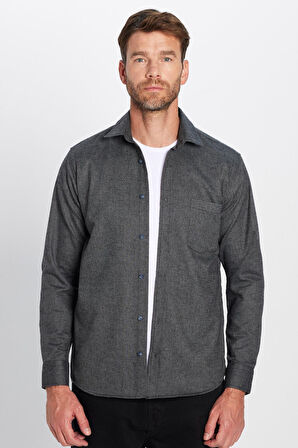 Erkek Regular Fit Klasik Kesim Pamuklu Tek Cepli Armürlü Kışlık Oduncu Gri Gömlek