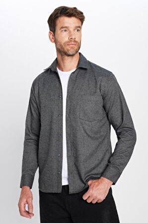 Erkek Regular Fit Klasik Kesim Pamuklu Tek Cepli Armürlü Kışlık Oduncu Gri Gömlek