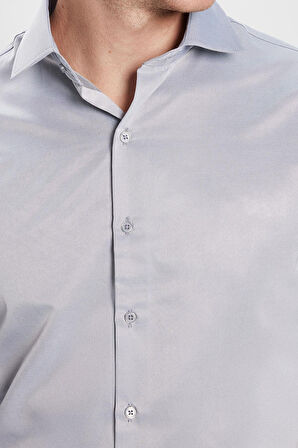 Slim Fit Uzun Kollu Pamuklu Düz Erkek Gri Gömlek