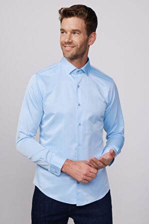 Slim Fit Uzun Kollu Pamuklu Düz Erkek Mavi Gömlek