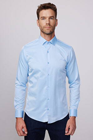 Slim Fit Uzun Kollu Pamuklu Düz Erkek Mavi Gömlek