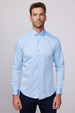 Slim Fit Uzun Kollu Pamuklu Düz Erkek Mavi Gömlek