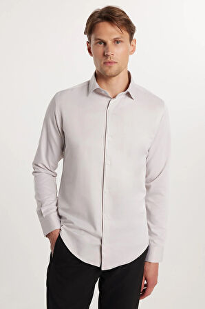 Slim Fit Uzun Kollu Pamuklu Düz Erkek Bej Gömlek