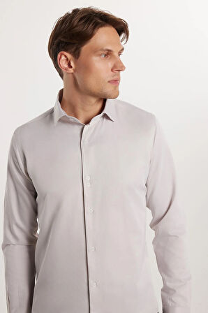 Slim Fit Uzun Kollu Pamuklu Düz Erkek Bej Gömlek