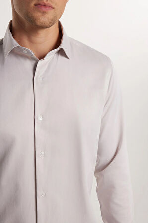 Slim Fit Uzun Kollu Pamuklu Düz Erkek Bej Gömlek