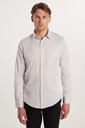 Slim Fit Uzun Kollu Pamuklu Düz Erkek Bej Gömlek
