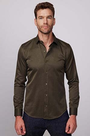 Slim Fit Pamuklu Düz Haki Erkek Gömlek