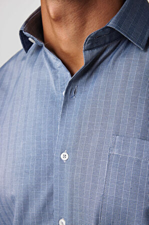 Erkek Regular Fit Klasik Kesim Tek Cepli Çizgili Gri İtalyan Yaka Gömlek