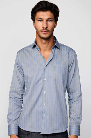 Erkek Regular Fit Klasik Kesim Tek Cepli Çizgili Gri İtalyan Yaka Gömlek