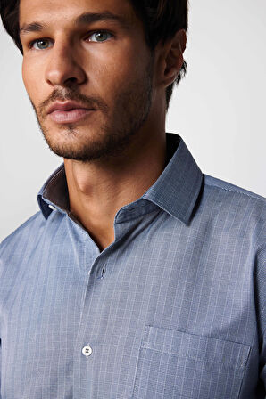 Erkek Regular Fit Klasik Kesim Tek Cepli Çizgili Gri İtalyan Yaka Gömlek