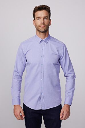 Modern Slim Fit Pamuklu Kolay Ütü Armürlü Mavi Erkek Gömlek