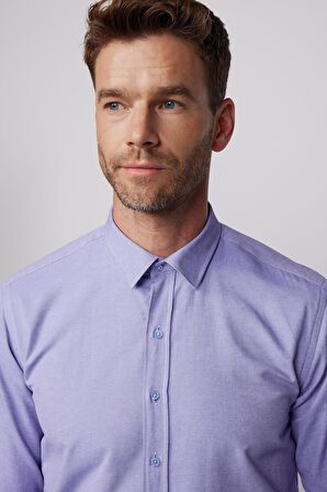 Modern Slim Fit Pamuklu Kolay Ütü Armürlü Mavi Erkek Gömlek