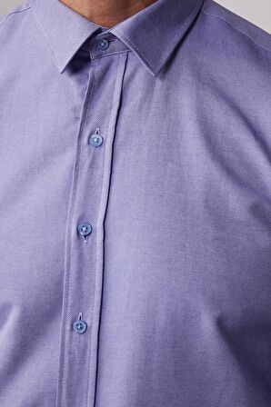 Modern Slim Fit Pamuklu Kolay Ütü Armürlü Mavi Erkek Gömlek