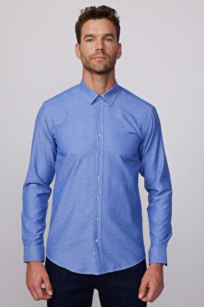 Modern Slim Fit Pamuklu Kolay Ütü Armürlü İndigo Erkek Gömlek
