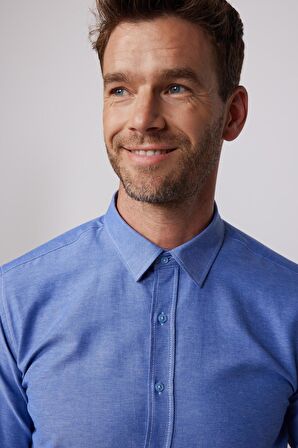 Modern Slim Fit Pamuklu Kolay Ütü Armürlü İndigo Erkek Gömlek