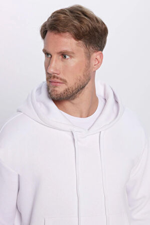 Unisex Oversize Geniş Kesim Pamuklu Yumuşak Dokulu İçi Polarlı Basic Beyaz Kapüşonlu Sweatshirt