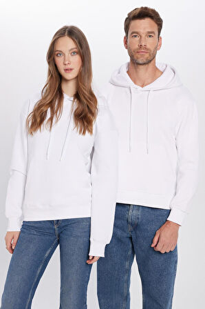 Unisex Oversize Geniş Kesim Pamuklu Yumuşak Dokulu İçi Polarlı Basic Beyaz Kapüşonlu Sweatshirt
