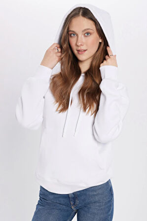 Unisex Oversize Geniş Kesim Pamuklu Yumuşak Dokulu İçi Polarlı Basic Beyaz Kapüşonlu Sweatshirt