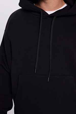 Unisex Oversize Geniş Kesim Pamuklu Yumuşak Dokulu İçi Polarlı Basic Siyah Kapüşonlu Sweatshirt