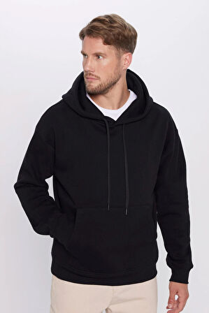 Unisex Oversize Geniş Kesim Pamuklu Yumuşak Dokulu İçi Polarlı Basic Siyah Kapüşonlu Sweatshirt
