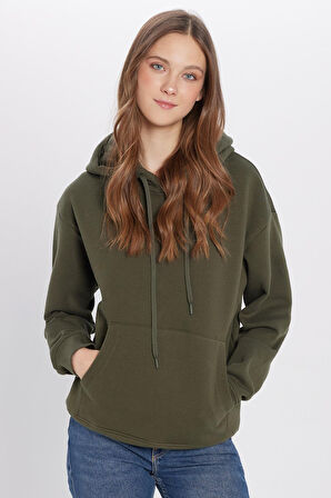 Unisex Oversize Geniş Kesim Pamuklu Yumuşak Dokulu İçi Polarlı Basic Yeşil Kapüşonlu Sweatshirt