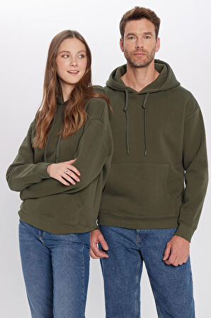 Unisex Oversize Geniş Kesim Pamuklu Yumuşak Dokulu İçi Polarlı Basic Yeşil Kapüşonlu Sweatshirt