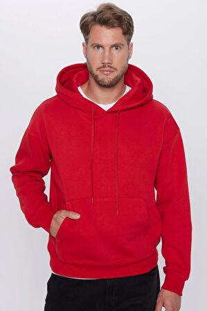 Unisex Oversize Geniş Kesim Pamuklu Yumuşak Dokulu İçi Polarlı Basic Kırmızı Kapüşonlu Sweatshirt