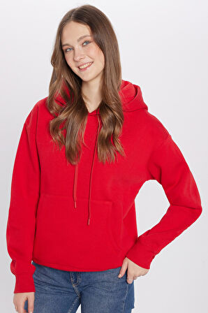 Unisex Oversize Geniş Kesim Pamuklu Yumuşak Dokulu İçi Polarlı Basic Kırmızı Kapüşonlu Sweatshirt