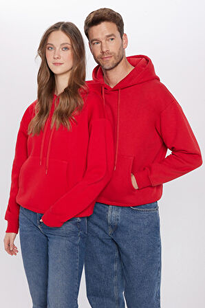 Unisex Oversize Geniş Kesim Pamuklu Yumuşak Dokulu İçi Polarlı Basic Kırmızı Kapüşonlu Sweatshirt