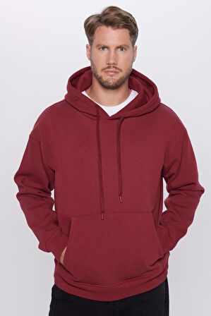 Unisex Oversize Geniş Kesim Pamuklu Yumuşak Dokulu İçi Polarlı Basic Bordo Kapüşonlu Sweatshirt