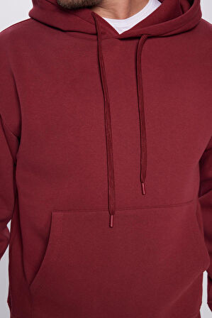 Unisex Oversize Geniş Kesim Pamuklu Yumuşak Dokulu İçi Polarlı Basic Bordo Kapüşonlu Sweatshirt