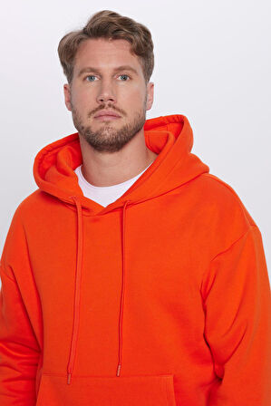 Unisex Oversize Geniş Kesim Pamuklu Yumuşak Dokulu İçi Polarlı Basic Turuncu Kapüşonlu Sweatshirt