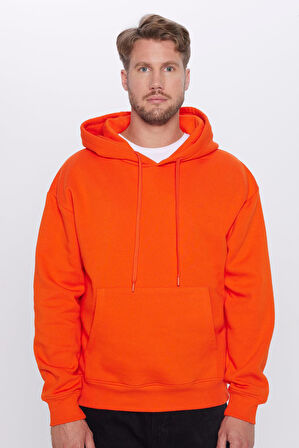Unisex Oversize Geniş Kesim Pamuklu Yumuşak Dokulu İçi Polarlı Basic Turuncu Kapüşonlu Sweatshirt