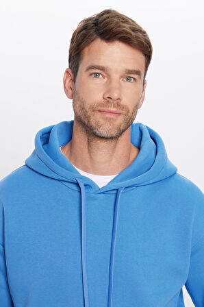 Unisex Oversize Geniş Kesim Pamuklu Yumuşak Dokulu İçi Polarlı Basic Mavi Kapüşonlu Sweatshirt