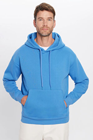 Unisex Oversize Geniş Kesim Pamuklu Yumuşak Dokulu İçi Polarlı Basic Mavi Kapüşonlu Sweatshirt