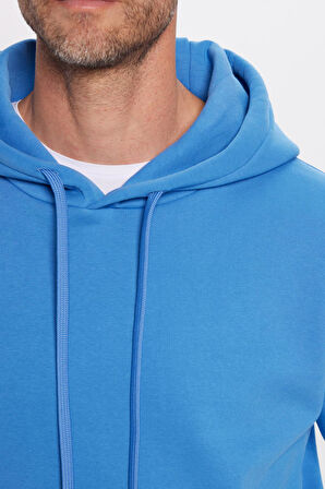 Unisex Oversize Geniş Kesim Pamuklu Yumuşak Dokulu İçi Polarlı Basic Mavi Kapüşonlu Sweatshirt