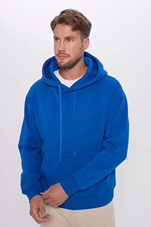 Unisex Oversize Geniş Kesim Pamuklu Yumuşak Dokulu İçi Polarlı Basic Sax Mavi Kapüşonlu Sweatshirt