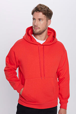 Unisex Oversize Geniş Kesim Pamuklu Yumuşak Dokulu İçi Polarlı Basic Nar Renk Kapüşonlu Sweatshirt