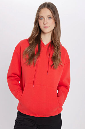 Unisex Oversize Geniş Kesim Pamuklu Yumuşak Dokulu İçi Polarlı Basic Nar Renk Kapüşonlu Sweatshirt