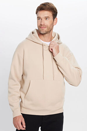 Unisex Oversize Geniş Kesim Pamuklu Yumuşak Dokulu İçi Polarlı Basic Bej Kapüşonlu Sweatshirt